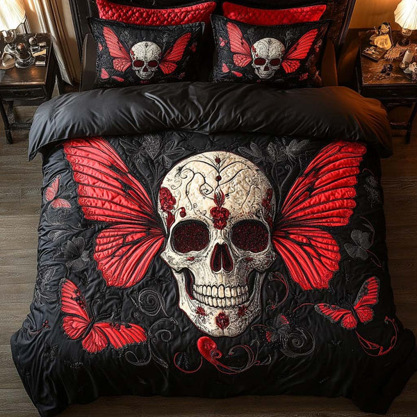 Crimson Wings quilted 3-piece bedding set on a made bed with two matching pillow shams