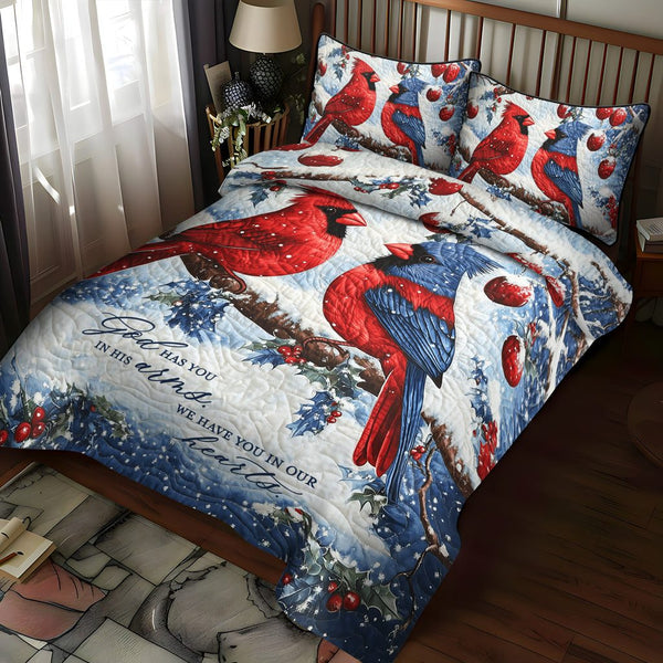 Crimson Wings quilted 3-piece bedding set on a made bed with two matching pillow shams