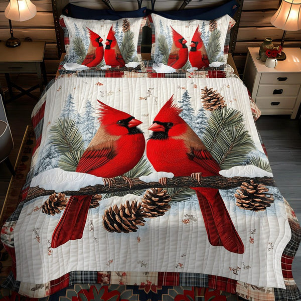 Crimson Winter quilted 3-piece bedding set on a made bed in a winter-styled bedroom