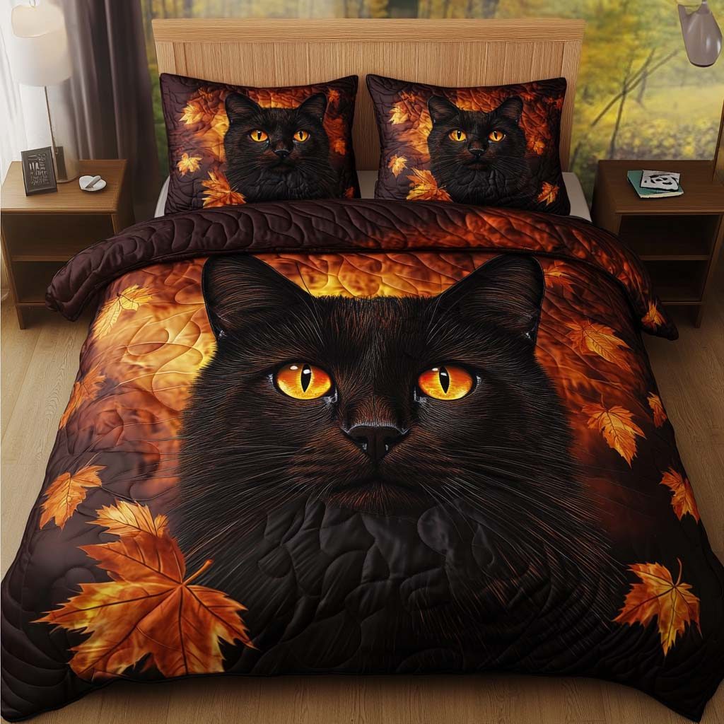 Crisp Cat Nights quilted 3-piece bedding set on a made bed with two matching pillow shams