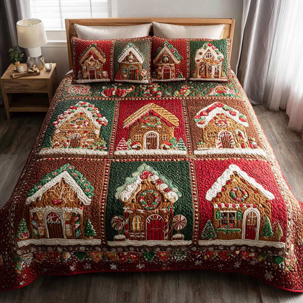Crisp Cookie Christmas quilted 3-piece bedding set on a made bed in a winter-styled bedroom