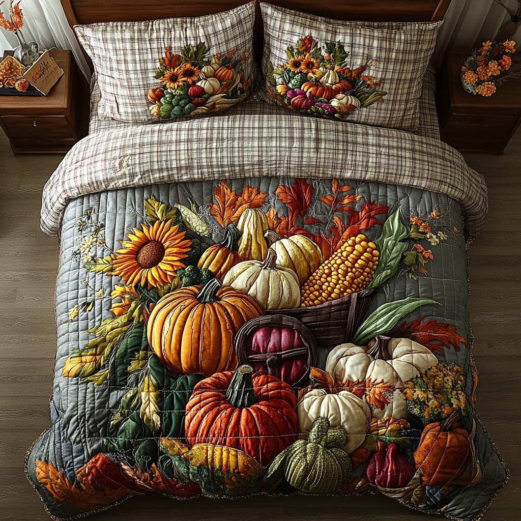 Crisp Harvest Breeze quilted 3-piece bedding set on a made bed with two matching pillow shams
