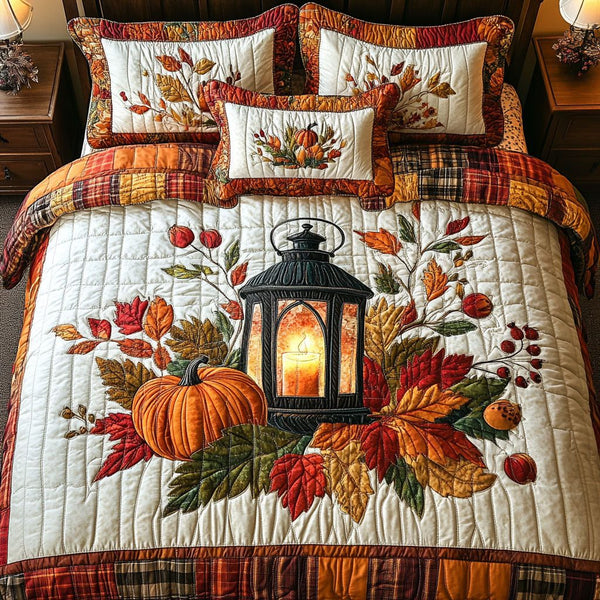 Crisp Leaves and Candles quilted 3-piece bedding set on a made bed with two matching pillow shams