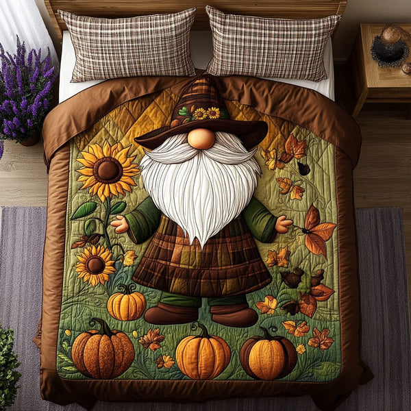 Crisp Leaves and Gnome Dreams quilted 3-piece bedding set on a made bed in a winter-styled bedroom