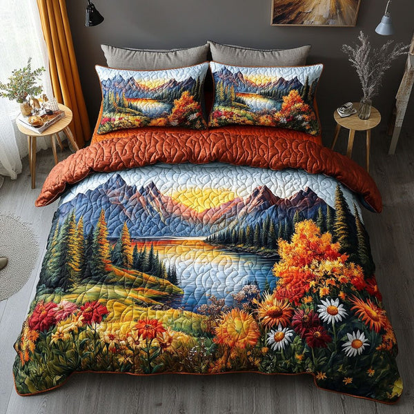 Crisp Morning Fields quilted 3-piece bedding set on a made bed with two matching pillow shams