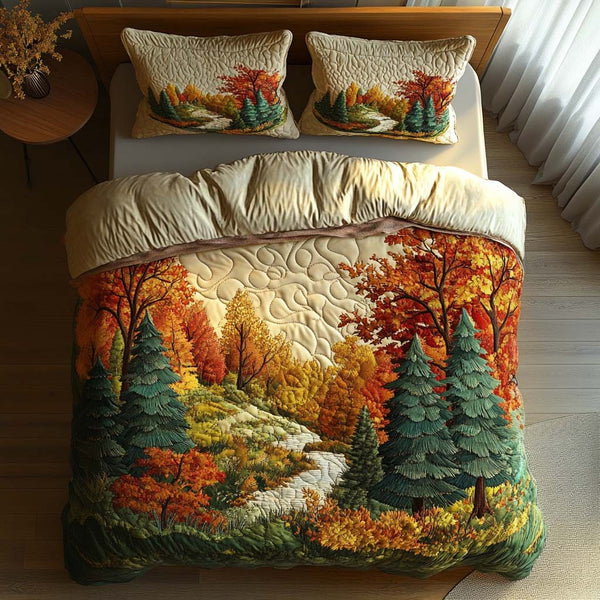 Crisp Woodland quilted 3-piece bedding set on a made bed with two matching pillow shams