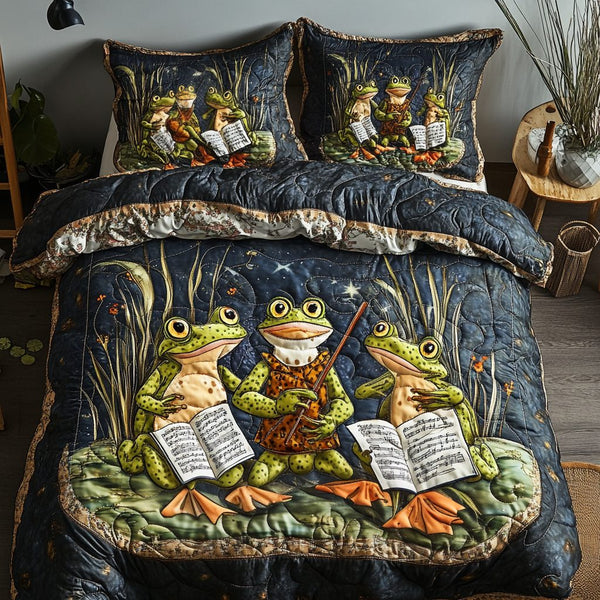 Croak Harmony quilted 3-piece bedding set on a made bed with two matching pillow shams