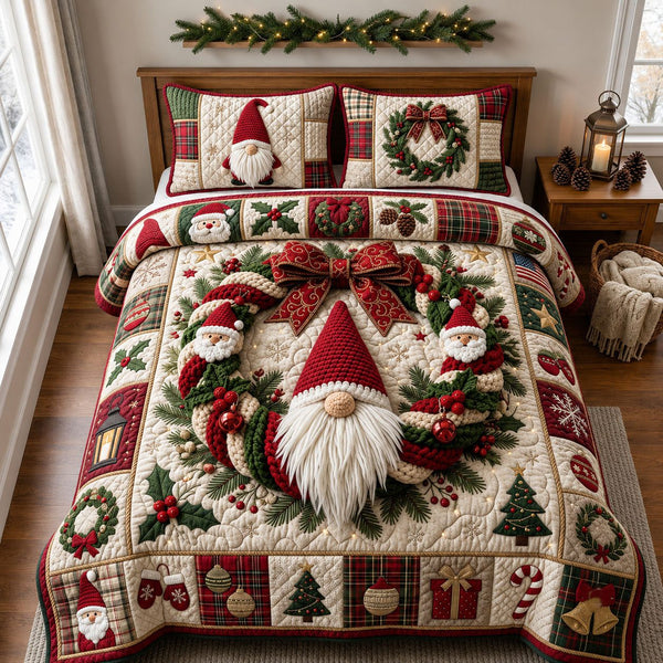 Crochet Christmas Wreath quilted 3-piece bedding set on a made bed in a winter-styled bedroom