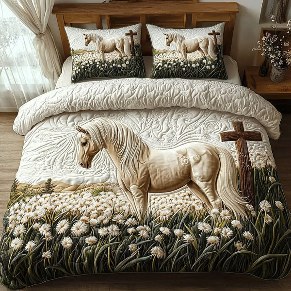 Cross and Bloom quilted 3-piece bedding set on a made bed in a softly lit bedroom