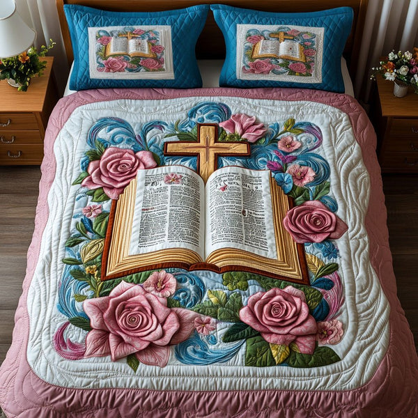 Cross and Petals quilted 3-piece bedding set on a made bed in a softly lit bedroom