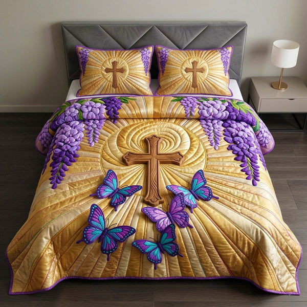 Cross Butterflies quilted 3-piece bedding set on a made bed in a softly lit bedroom