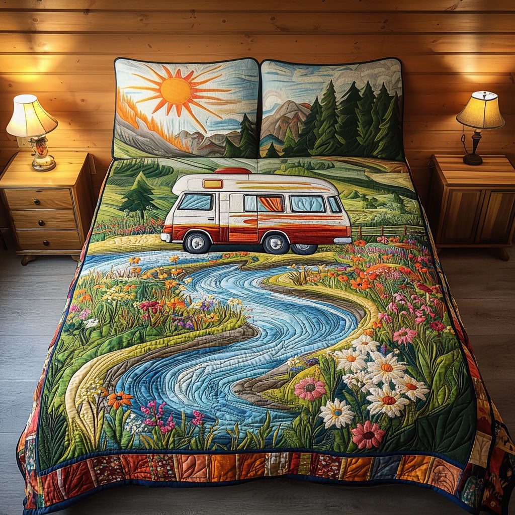 Cross Country Escape quilted 3-piece bedding set on a made bed in a softly lit bedroom