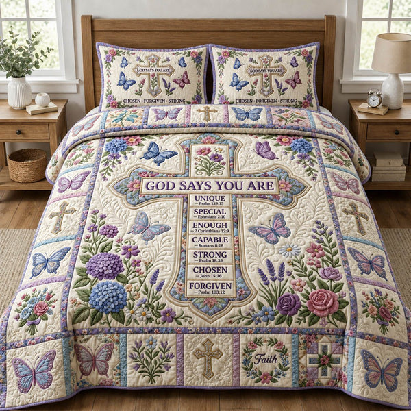 Cross God Says You Are quilted 3-piece bedding set on a made bed in a softly lit bedroom