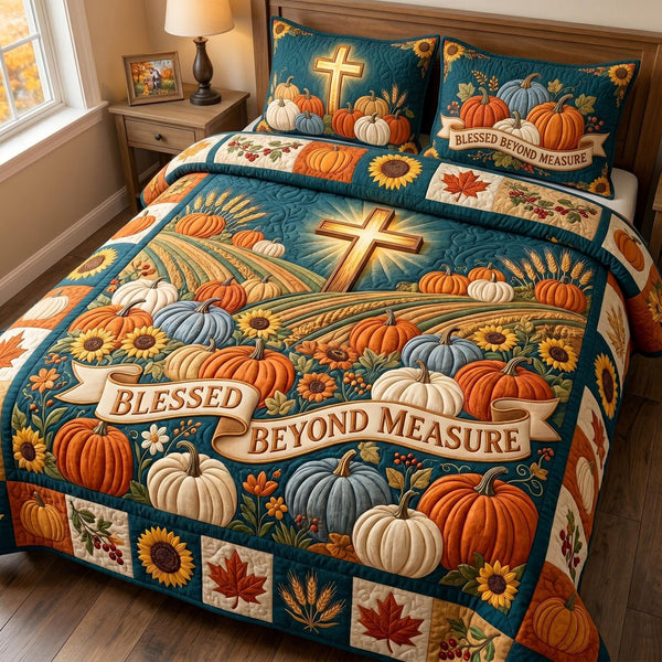 Cross Harvest quilted 3-piece bedding set on a made bed in a softly lit bedroom