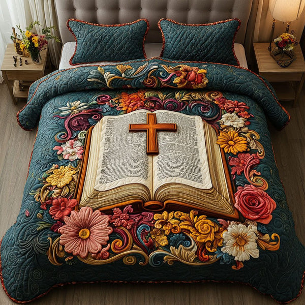 Cross in Bloom quilted 3-piece bedding set on a made bed in a softly lit bedroom