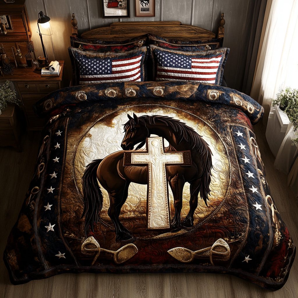 Cross Journey quilted 3-piece bedding set on a made bed in a softly lit bedroom