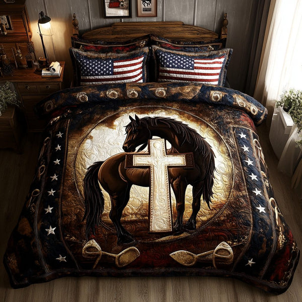 Cross Journey quilted 3-piece bedding set on a made bed in a softly lit bedroom