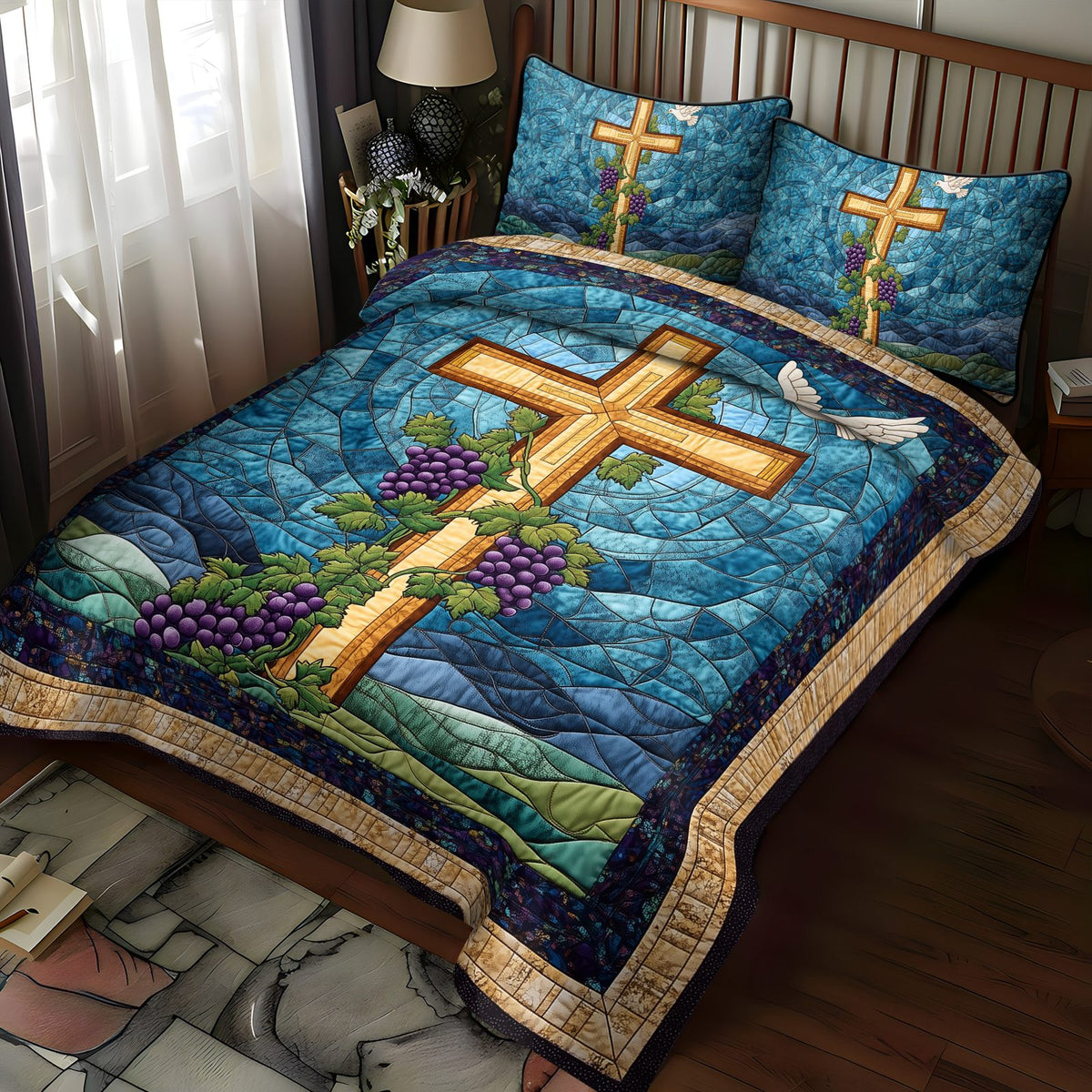 Cross of Courage quilted 3-piece bedding set on a made bed in a softly lit bedroom