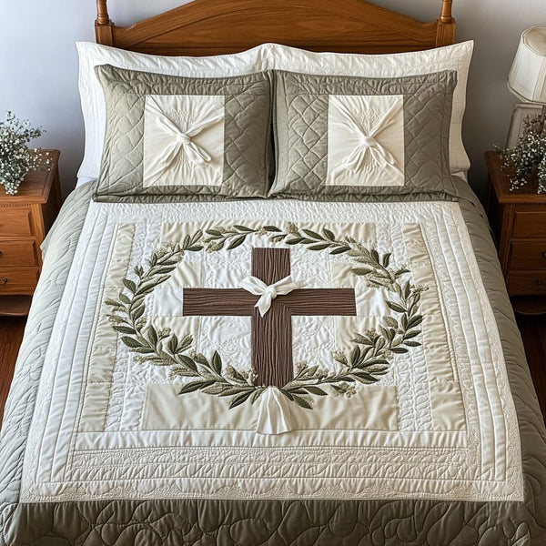 Cross of Eternal Faith quilted 3-piece bedding set on a made bed in a softly lit bedroom