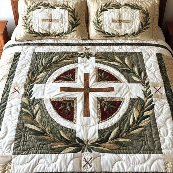 Cross of Forgiveness quilted 3-piece bedding set on a made bed in a softly lit bedroom