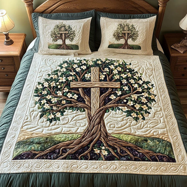 Cross of Grace and Truth quilted 3-piece bedding set on a made bed in a softly lit bedroom