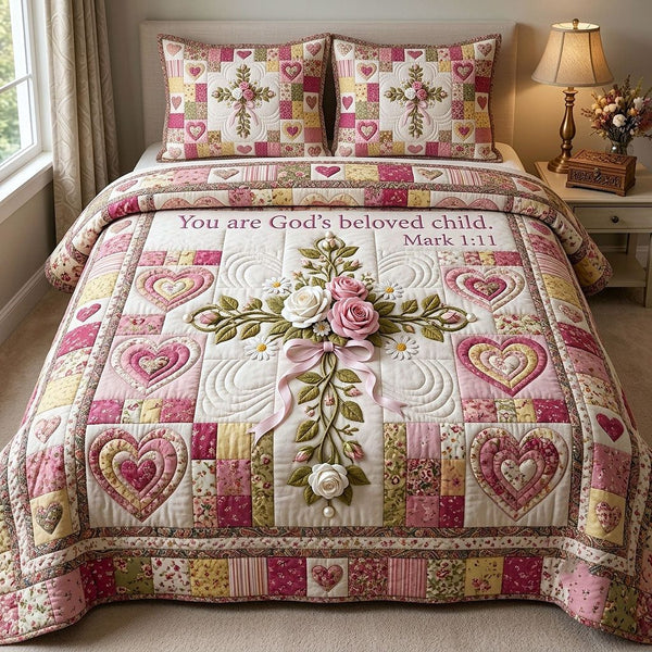Cross Of Grace quilted 3-piece bedding set on a made bed in a softly lit bedroom