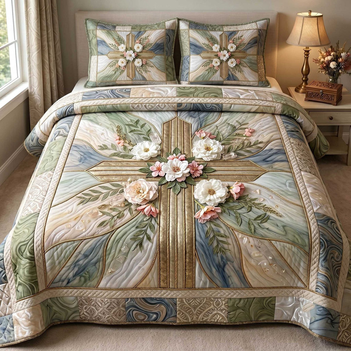 Cross Of Grace quilted 3-piece bedding set on a made bed in a softly lit bedroom
