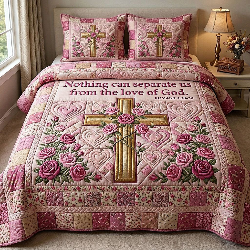 Cross Of Grace quilted 3-piece bedding set on a made bed in a softly lit bedroom