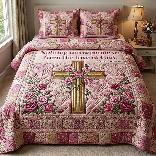 Cross Of Grace quilted 3-piece bedding set on a made bed in a softly lit bedroom