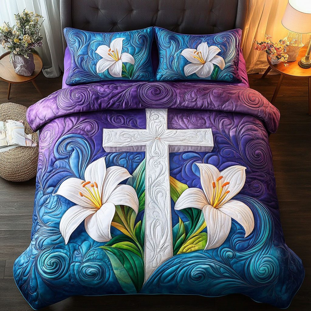 Cross of Grace quilted 3-piece bedding set on a made bed in a softly lit bedroom