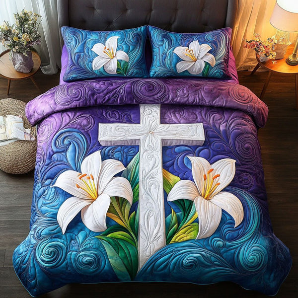 Cross of Grace quilted 3-piece bedding set on a made bed in a softly lit bedroom