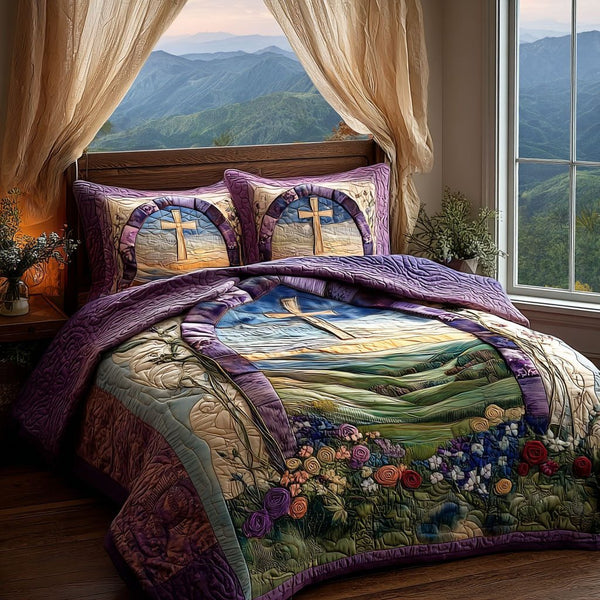 Cross of Grace quilted 3-piece bedding set on a made bed in a softly lit bedroom