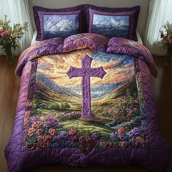 Cross of Heavenly Grace quilted 3-piece bedding set on a made bed in a softly lit bedroom