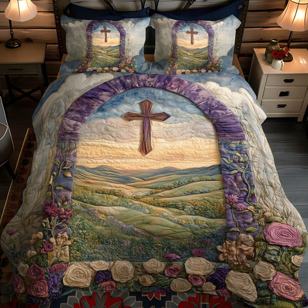 Cross of Hope and Faith quilted 3-piece bedding set on a made bed in a softly lit bedroom