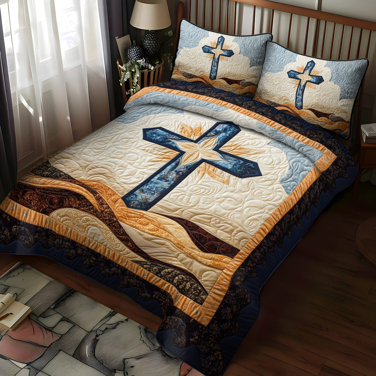 Cross of Hope quilted 3-piece bedding set on a made bed in a softly lit bedroom