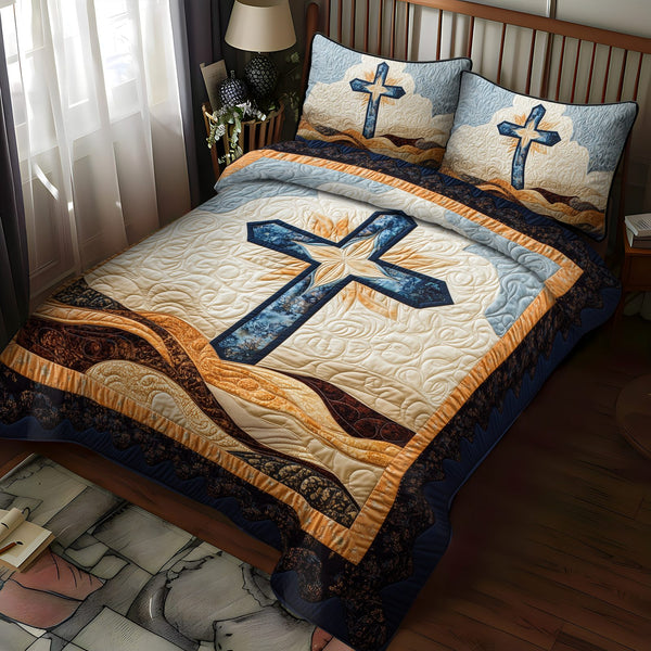 Cross of Hope quilted 3-piece bedding set on a made bed in a softly lit bedroom