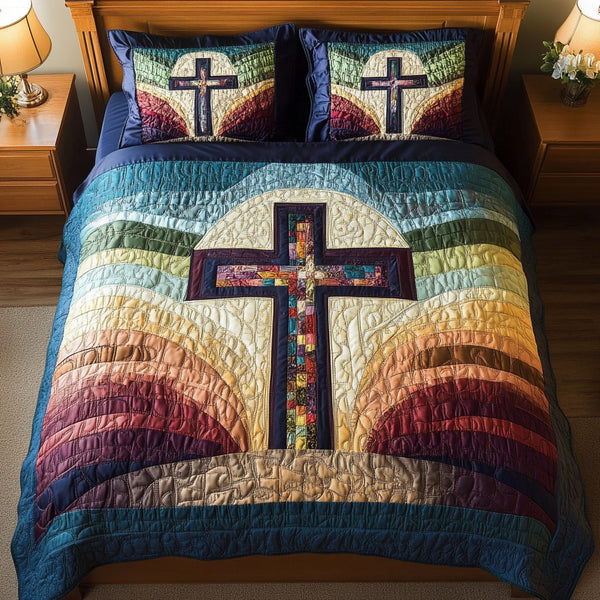 Cross of Hope quilted 3-piece bedding set on a made bed in a softly lit bedroom