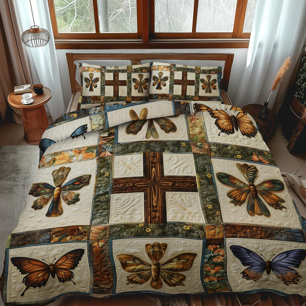 Cross of Hope quilted 3-piece bedding set on a made bed in a softly lit bedroom