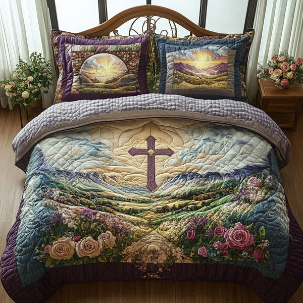 Cross of Light and Love quilted 3-piece bedding set on a made bed in a softly lit bedroom