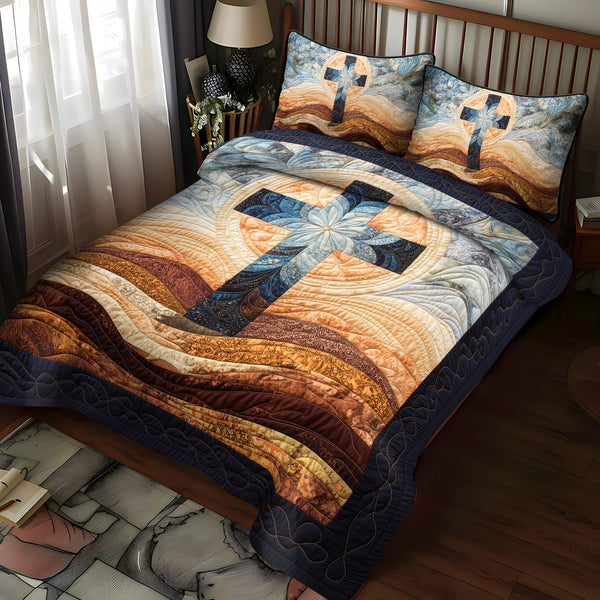 Cross of Light quilted 3-piece bedding set on a made bed in a softly lit bedroom
