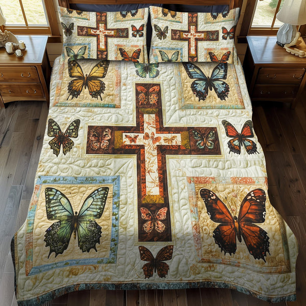 Cross of Light quilted 3-piece bedding set on a made bed in a softly lit bedroom