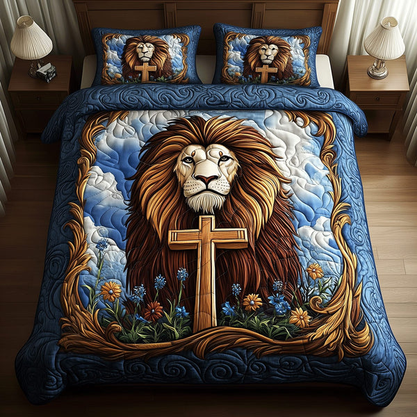 Cross of Power quilted 3-piece bedding set on a made bed in a softly lit bedroom