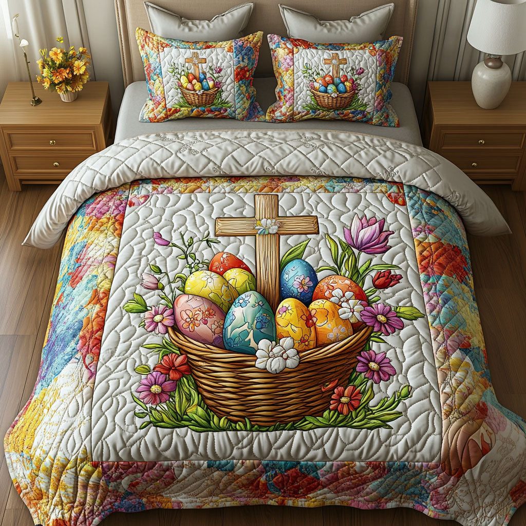 Cross of Renewal quilted 3-piece bedding set on a made bed in a softly lit bedroom