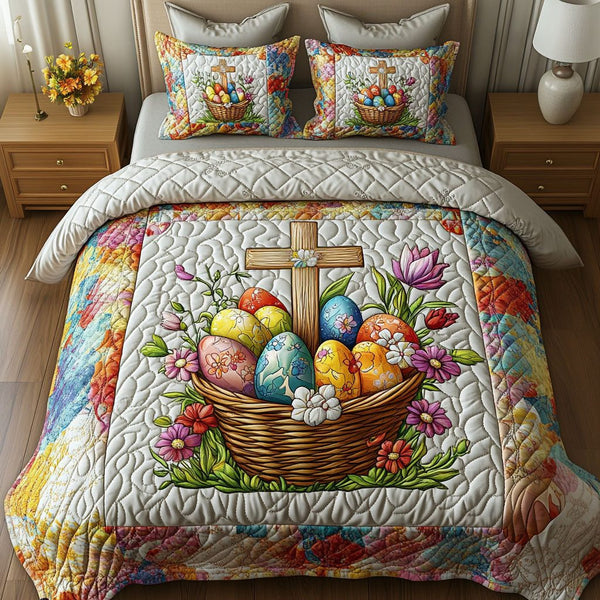 Cross of Renewal quilted 3-piece bedding set on a made bed in a softly lit bedroom