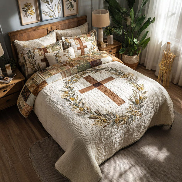 Cross of Salvation and Grace quilted 3-piece bedding set on a made bed in a softly lit bedroom