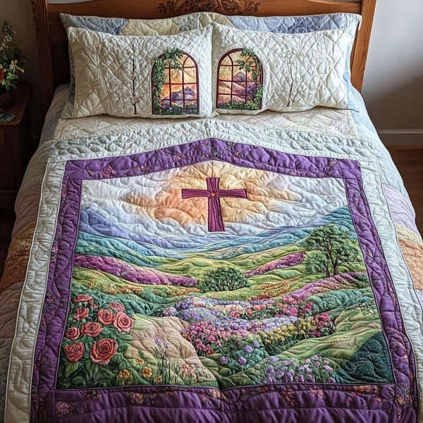 Cross of Spiritual Freedom quilted 3-piece bedding set on a made bed in a warmly lit bedroom