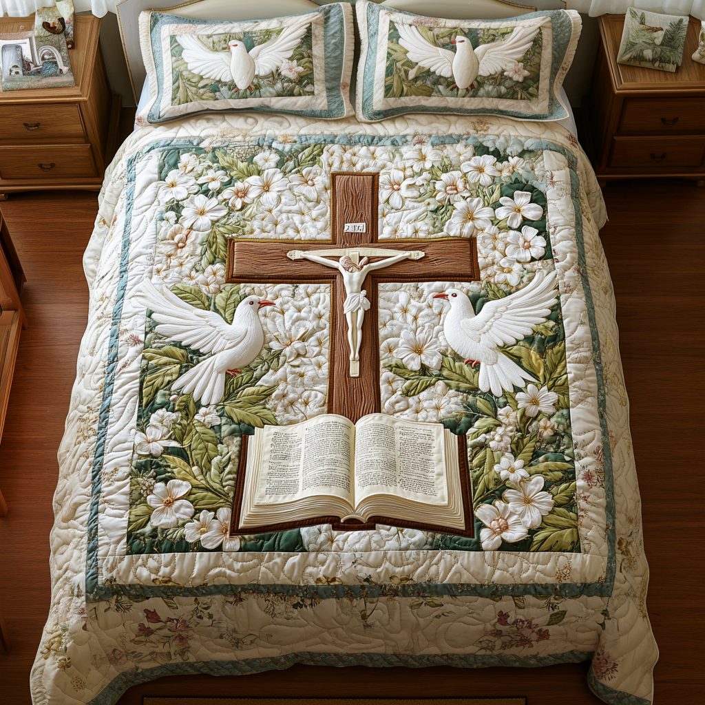 Cross of Stars quilted 3-piece bedding set on a made bed in a softly lit bedroom