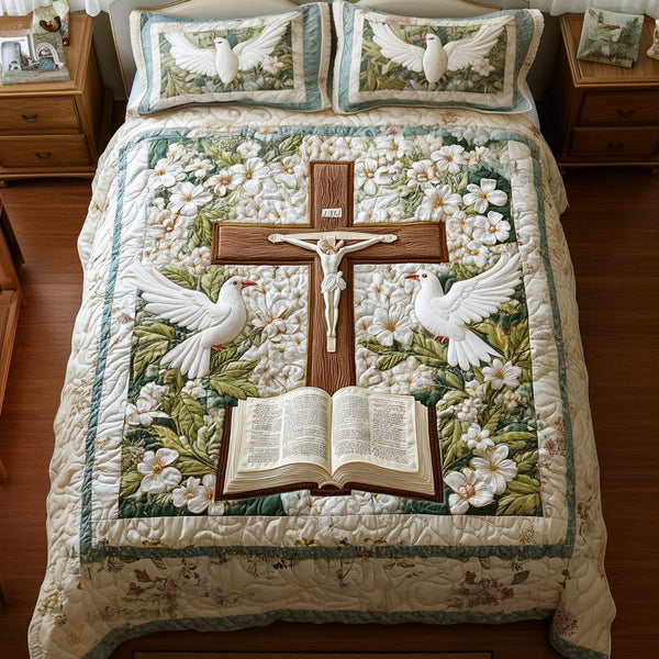 Cross of Stars quilted 3-piece bedding set on a made bed in a softly lit bedroom