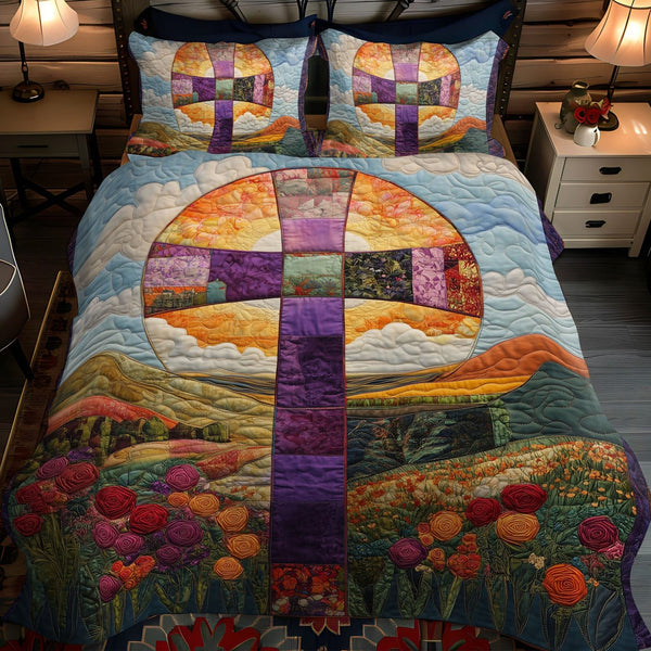 Cross of the Almighty quilted 3-piece bedding set on a made bed in a softly lit bedroom