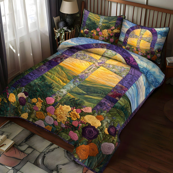 Cross of the Lord quilted 3-piece bedding set on a made bed in a softly lit bedroom